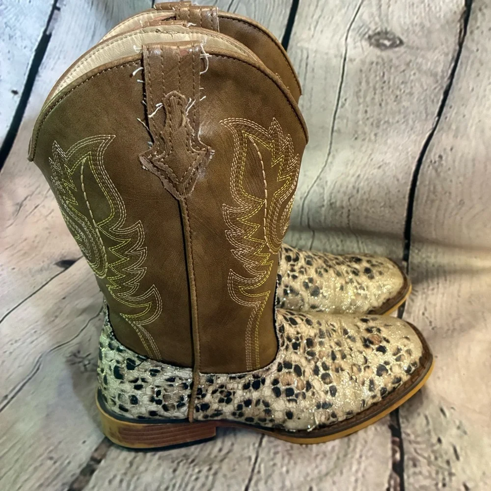 Roper Girl’s Glitter‎ Leopard Faux Leather Western Cowgirl Boot Size 3 GUC